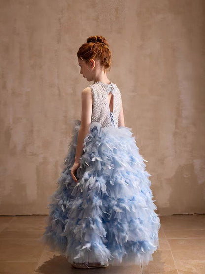 Elegant Blue Feathers Girl Dress Pearls Princess Gown J299