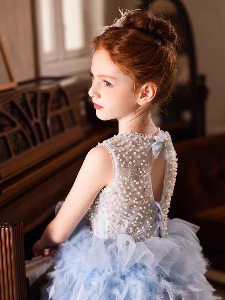 Elegant Blue Feathers Girl Dress Pearls Princess Gown J299