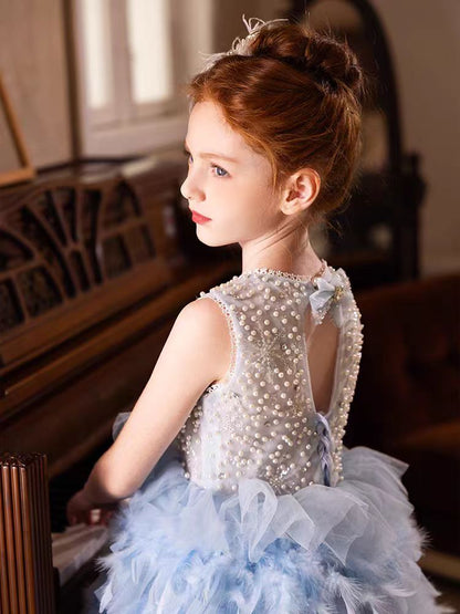 Elegant Blue Feathers Girl Dress Pearls Princess Gown J299