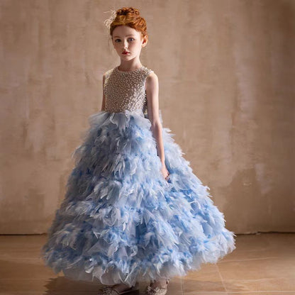 Elegant Blue Feathers Girl Dress Pearls Princess Gown J299