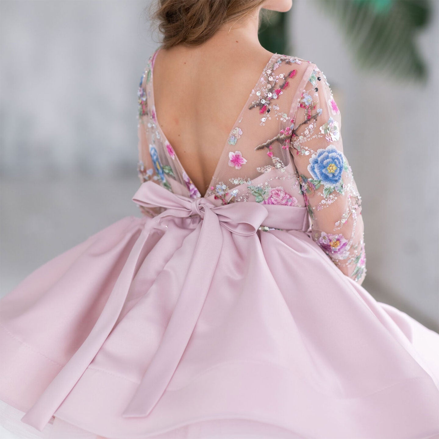 Elegant Blue Girl Bridesmaides Dress Full Sleeve J179