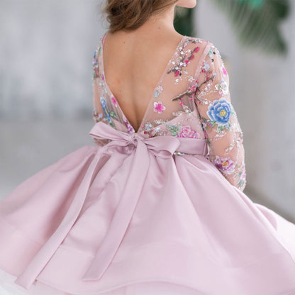 Elegant Blue Girl Bridesmaides Dress Full Sleeve J179