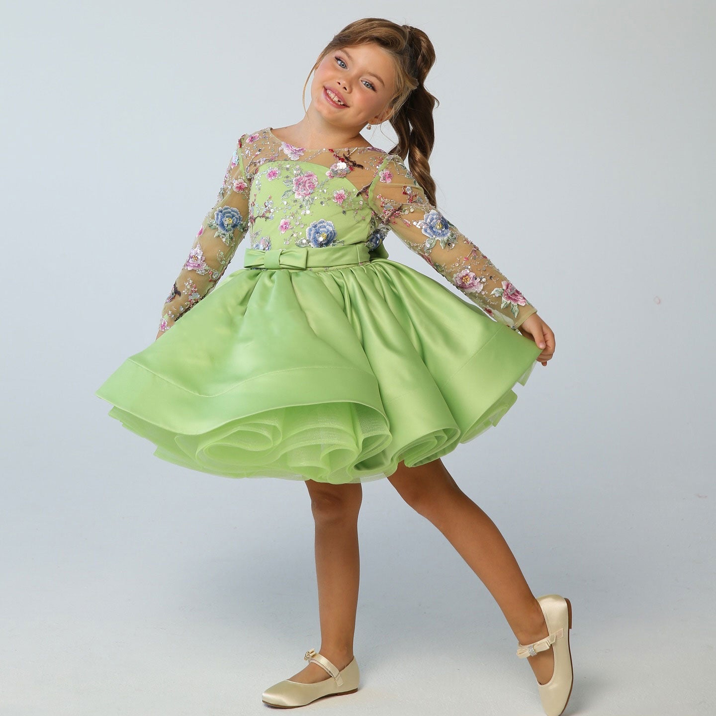 Elegant Blue Girl Bridesmaides Dress Full Sleeve J179