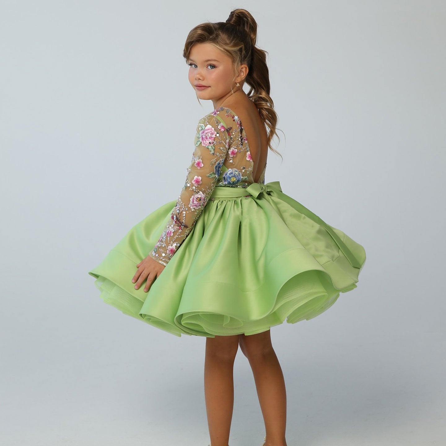 Elegant Blue Girl Bridesmaides Dress Full Sleeve J179