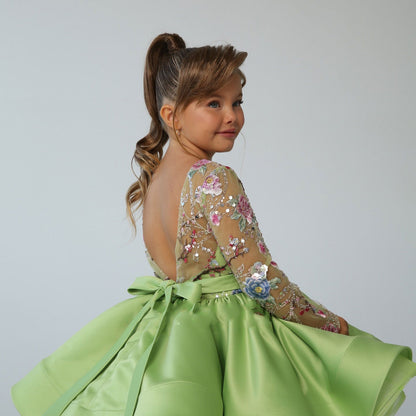 Elegant Blue Girl Bridesmaides Dress Full Sleeve J179