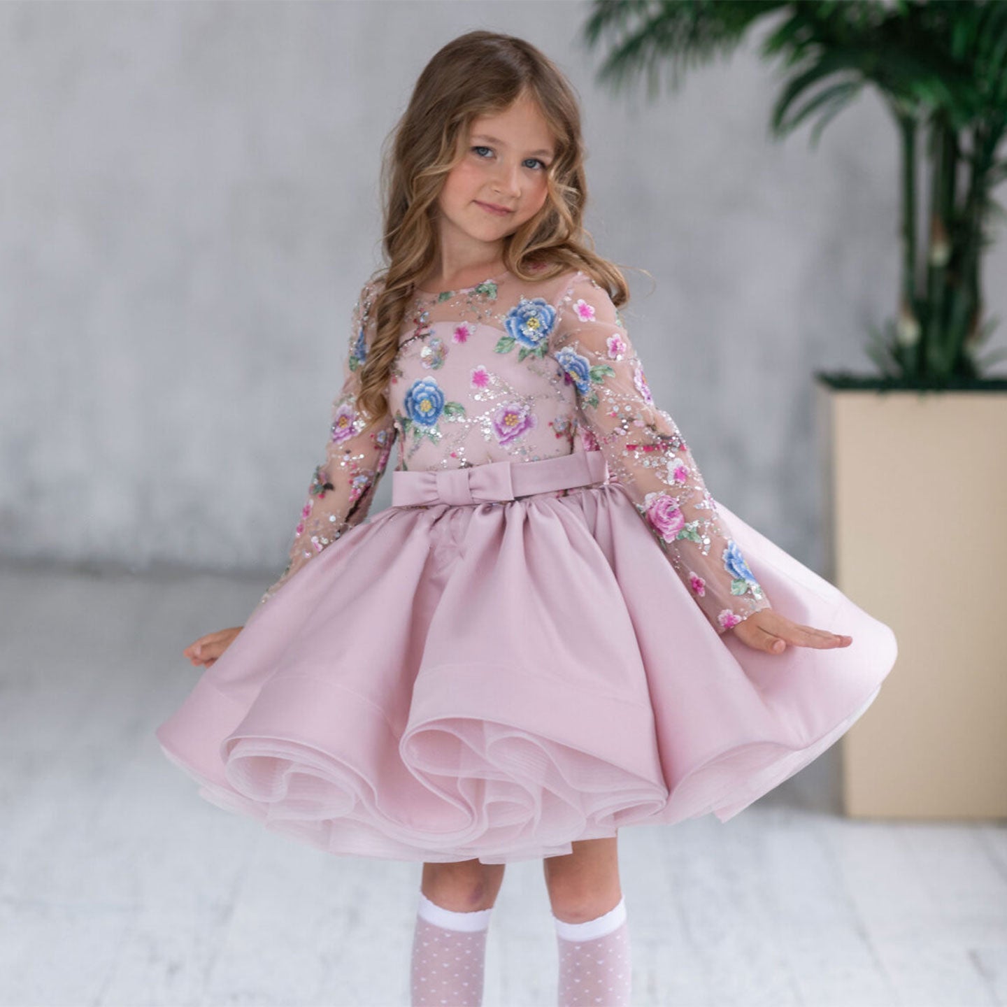 Elegant Blue Girl Bridesmaides Dress Full Sleeve J179