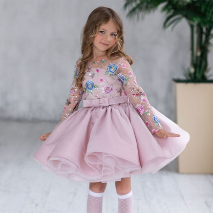 Elegant Blue Girl Bridesmaides Dress Full Sleeve J179