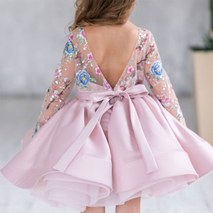 Elegant Blue Girl Bridesmaides Dress Full Sleeve J179