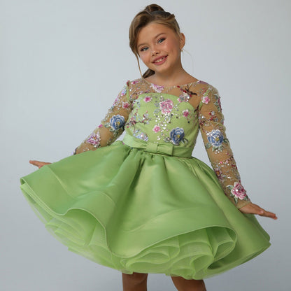 Elegant Blue Girl Bridesmaides Dress Full Sleeve J179