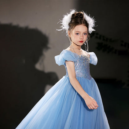 Elegant Blue Girl Bridesmaides Dresses Beaded Long J206