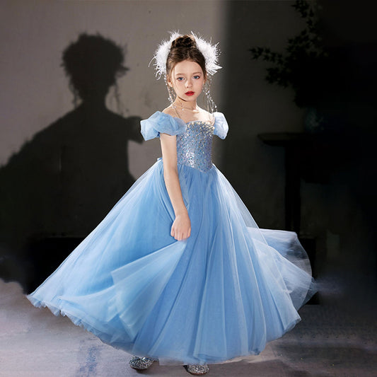 Elegant Blue Girl Bridesmaides Dresses Beaded Long J206