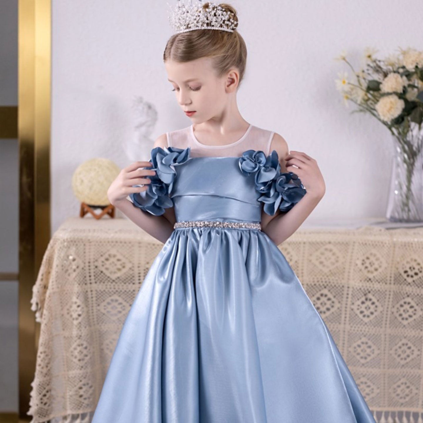 Elegant Blue Girl Dress for Kids Princess Birthday Wedding Party J118