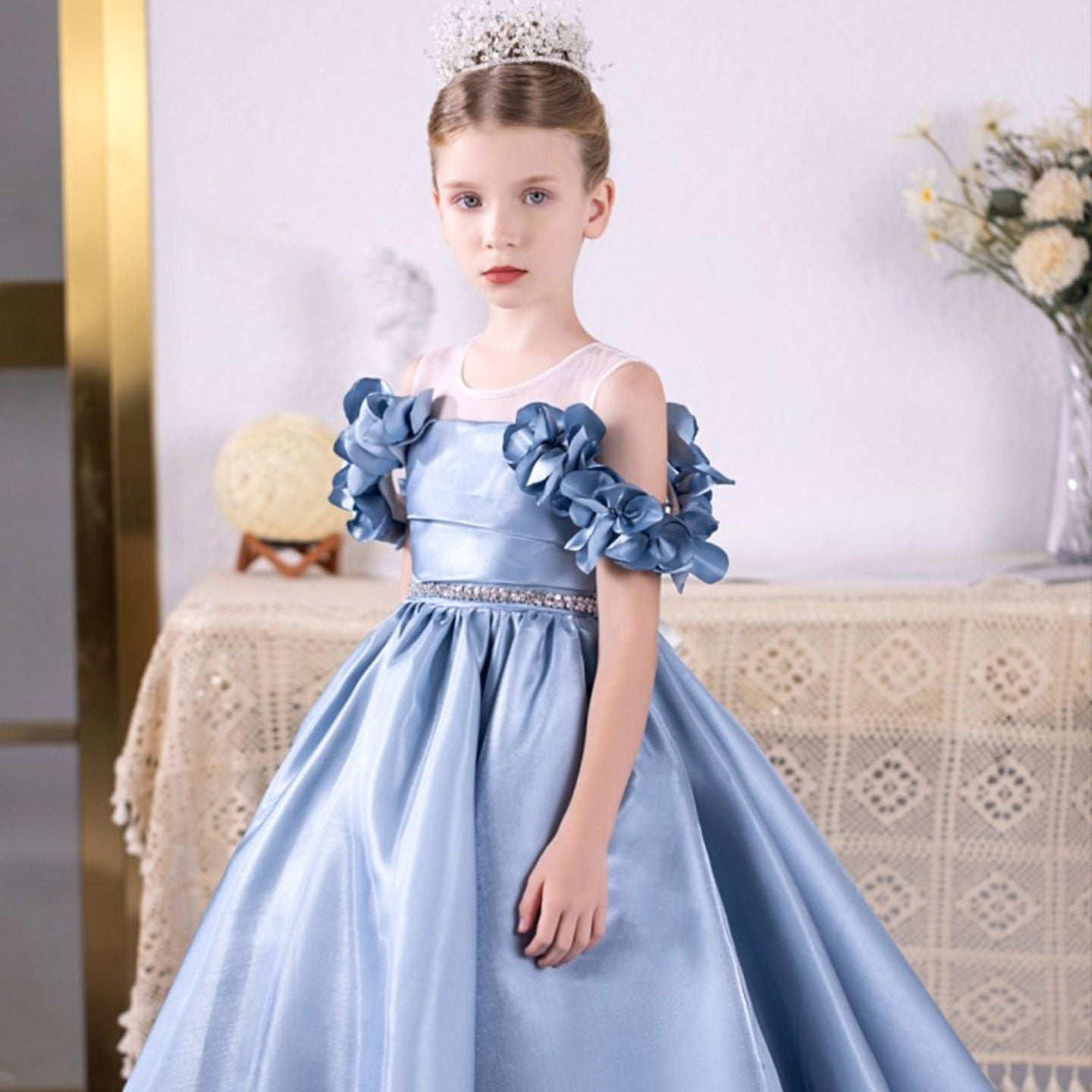 Elegant Blue Girl Dress for Kids Princess Birthday Wedding Party J118