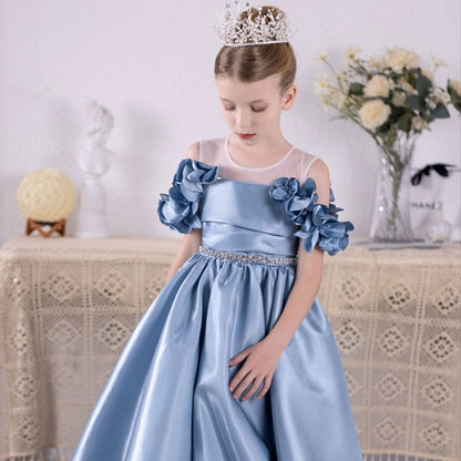 Elegant Blue Girl Dress for Kids Princess Birthday Wedding Party J118