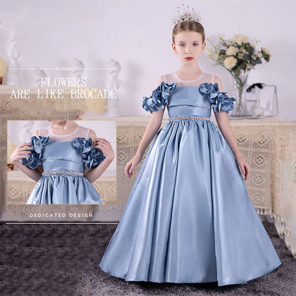 Elegant Blue Girl Dress for Kids Princess Birthday Wedding Party J118