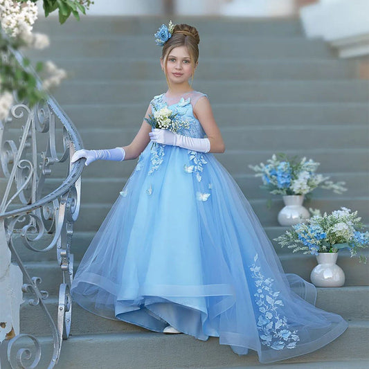 Elegant Blue Girl Dress with Butterfly for Birthday Wedding Party J021