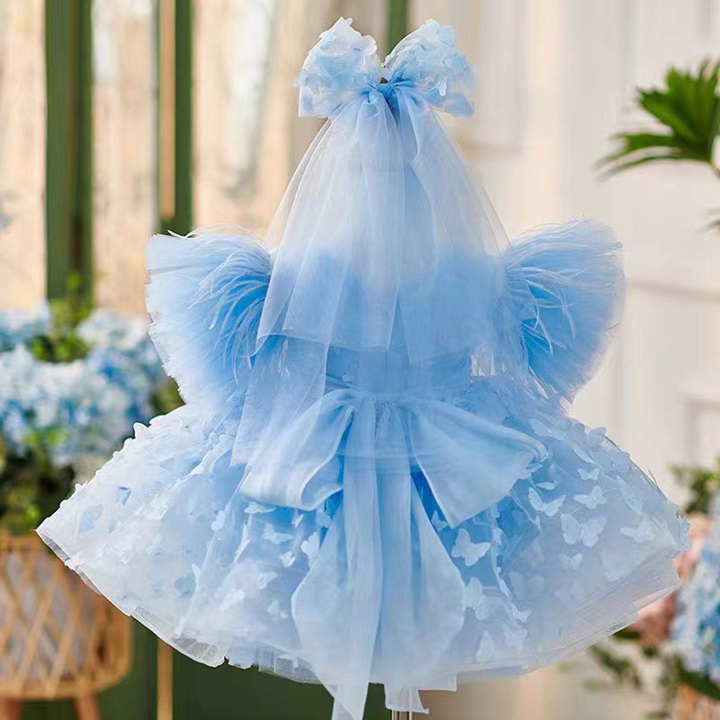 Elegant Blue Puffy Sleeve Flower Girl Dress Knee Length J058