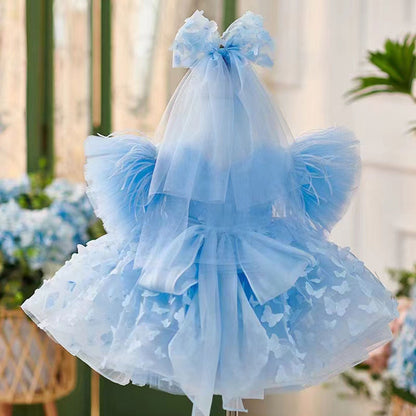 Elegant Blue Puffy Sleeve Flower Girl Dress Knee Length J058