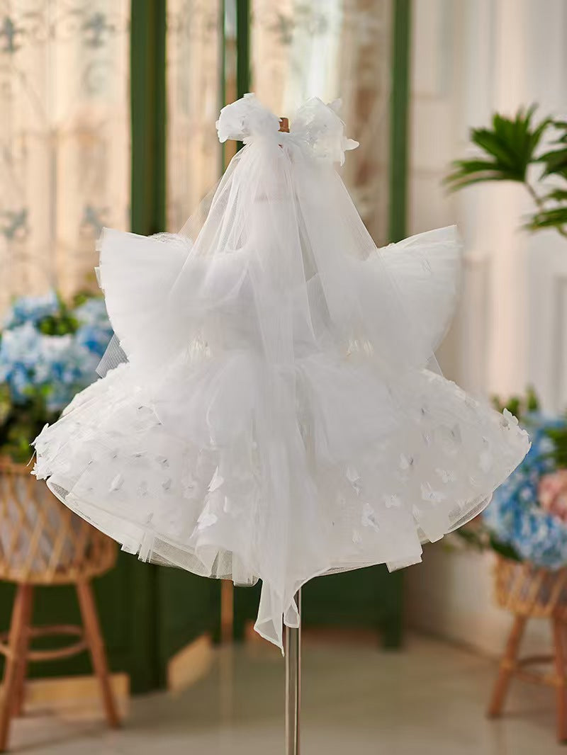 Elegant Blue Puffy Sleeve Flower Girl Dress Knee Length J058