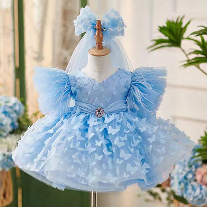 Elegant Blue Puffy Sleeve Flower Girl Dress Knee Length J058