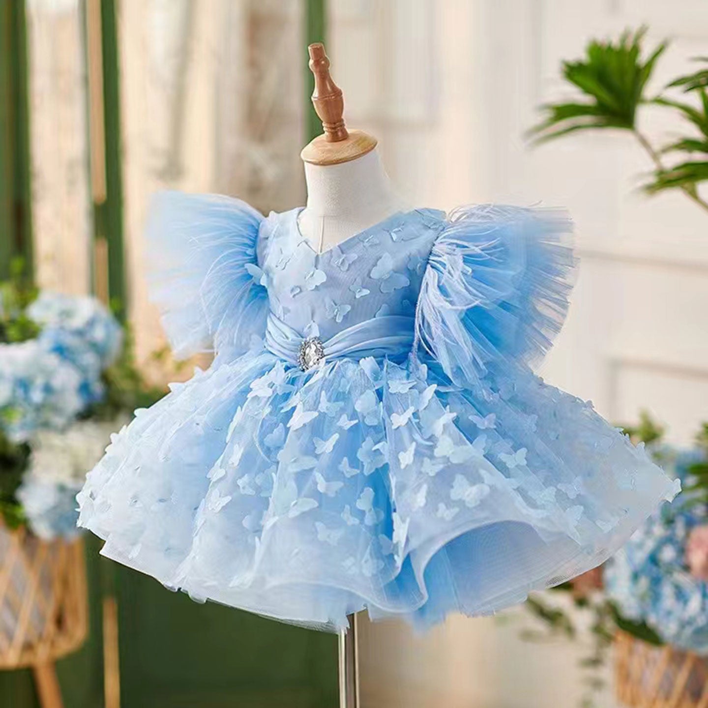 Elegant Blue Puffy Sleeve Flower Girl Dress Knee Length J058