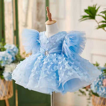 Elegant Blue Puffy Sleeve Flower Girl Dress Knee Length J058