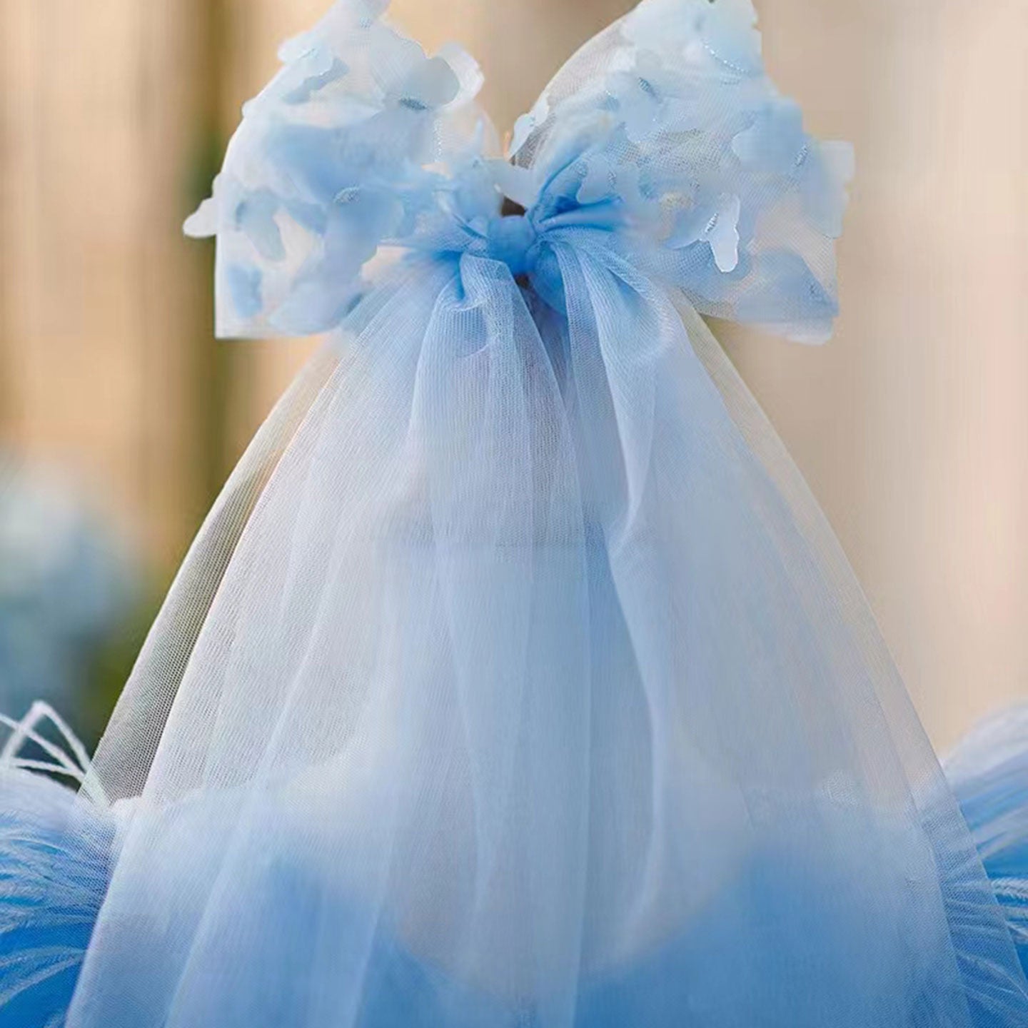 Elegant Blue Puffy Sleeve Flower Girl Dress Knee Length J058