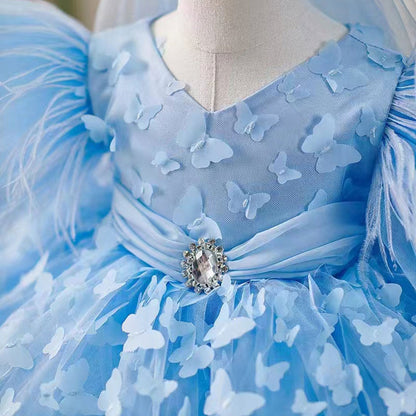 Elegant Blue Puffy Sleeve Flower Girl Dress Knee Length J058