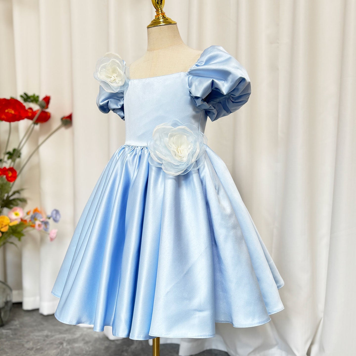 Elegant Blue Satin Girl Dress Handmade Flowers J344