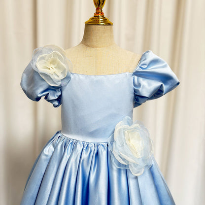 Elegant Blue Satin Girl Dress Handmade Flowers J344