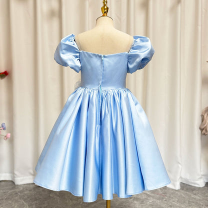 Elegant Blue Satin Girl Dress Handmade Flowers J344