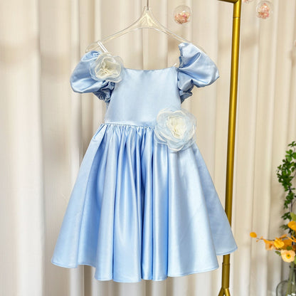 Elegant Blue Satin Girl Dress Handmade Flowers J344