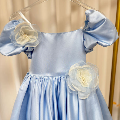 Elegant Blue Satin Girl Dress Handmade Flowers J344