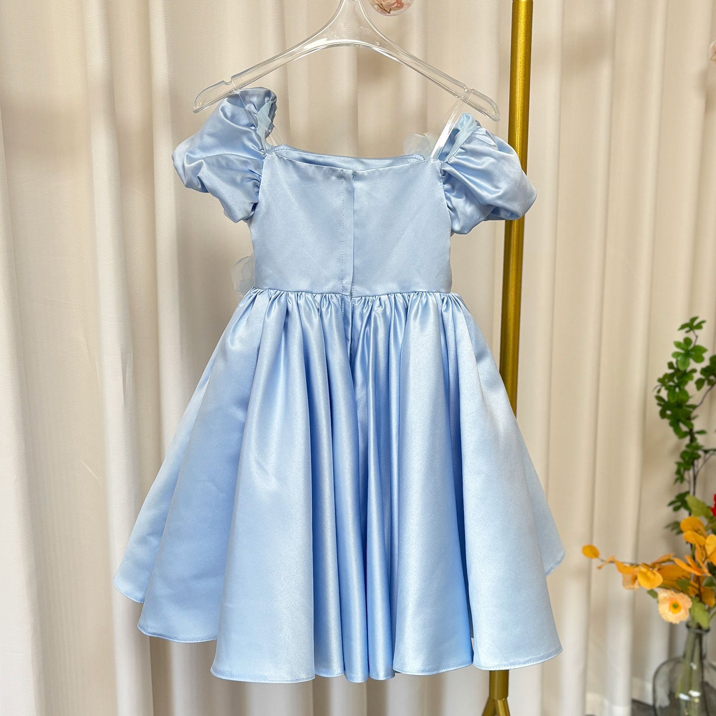 Elegant Blue Satin Girl Dress Handmade Flowers J344