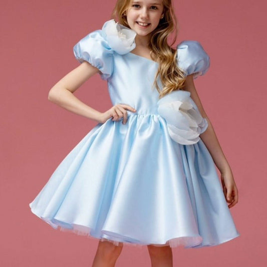 Elegant Blue Satin Girl Dress Handmade Flowers J344