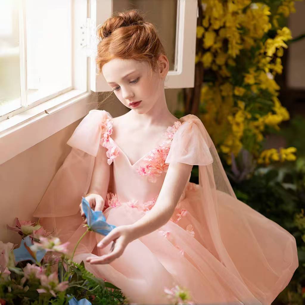 Elegant Blush Girl Dress Handmade Flower Birthday Gown J142