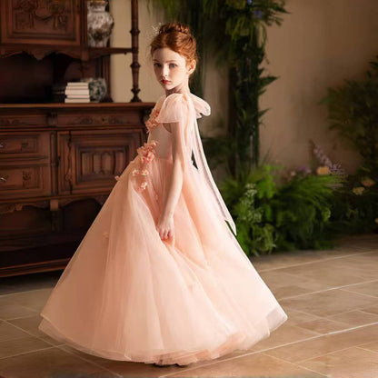 Elegant Blush Girl Dress Handmade Flower Birthday Gown J142