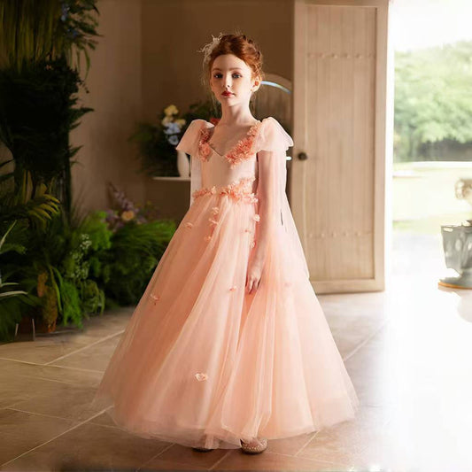 Elegant Blush Girl Dress Handmade Flower Birthday Gown J142