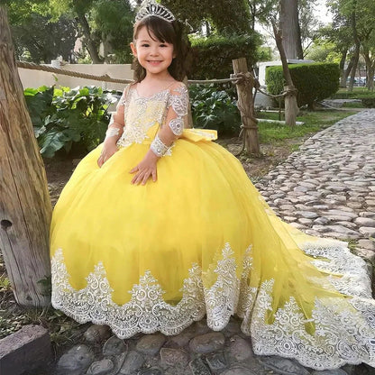Elegant Dubai Girl Dress Long Sleeve Puffy Bow Arabic Princess Kids J176