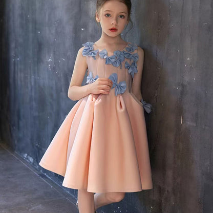 Elegant Dubai Pink Girl Dress with Bow Kids Holiday Party Gown J370