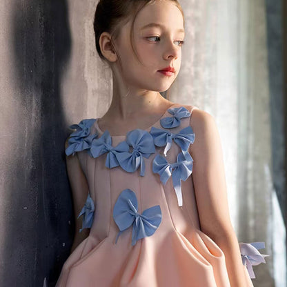 Elegant Dubai Pink Girl Dress with Bow Kids Holiday Party Gown J370