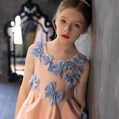 Elegant Dubai Pink Girl Dress with Bow Kids Holiday Party Gown J370