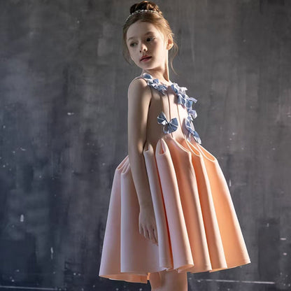 Elegant Dubai Pink Girl Dress with Bow Kids Holiday Party Gown J370