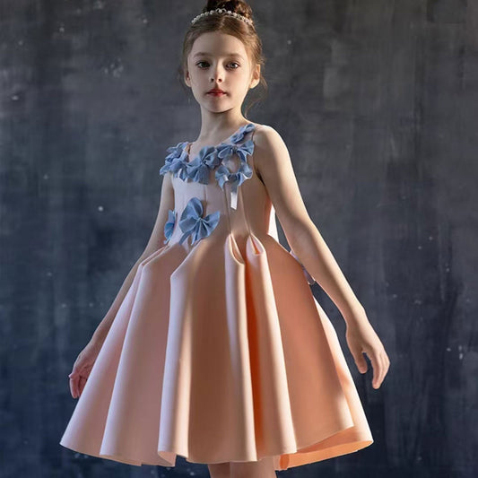 Elegant Dubai Pink Girl Dress with Bow Kids Holiday Party Gown J370