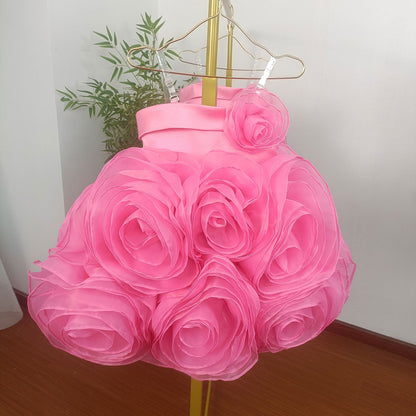 Fuchsia Girl Dress with Handmade Flowers White Birthday Gown J157