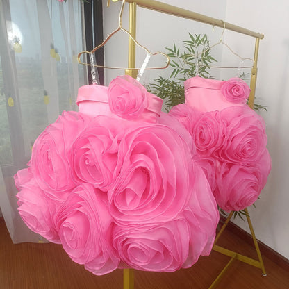 Fuchsia Girl Dress with Handmade Flowers White Birthday Gown J157