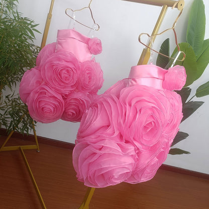 Fuchsia Girl Dress with Handmade Flowers White Birthday Gown J157