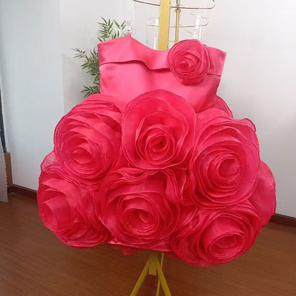 Fuchsia Girl Dress with Handmade Flowers White Birthday Gown J157