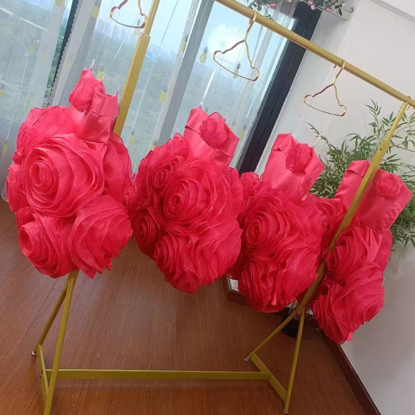 Fuchsia Girl Dress with Handmade Flowers White Birthday Gown J157