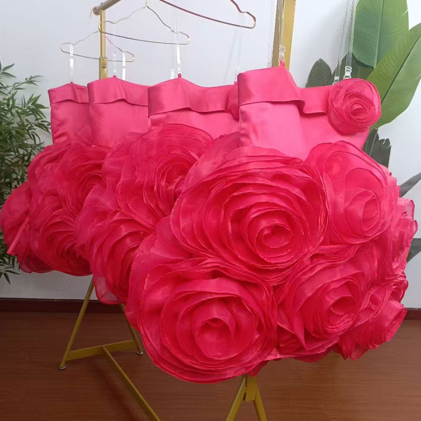 Fuchsia Girl Dress with Handmade Flowers White Birthday Gown J157